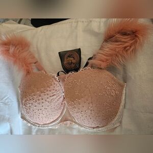 3 Victoria's Secret 2 Pink 1 Black Lace Bras with Faux Fur Details